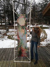 Load image into Gallery viewer, 'Silver Forest' still stretched on the frame that I use to paint my silks... It is done and ready for the world.